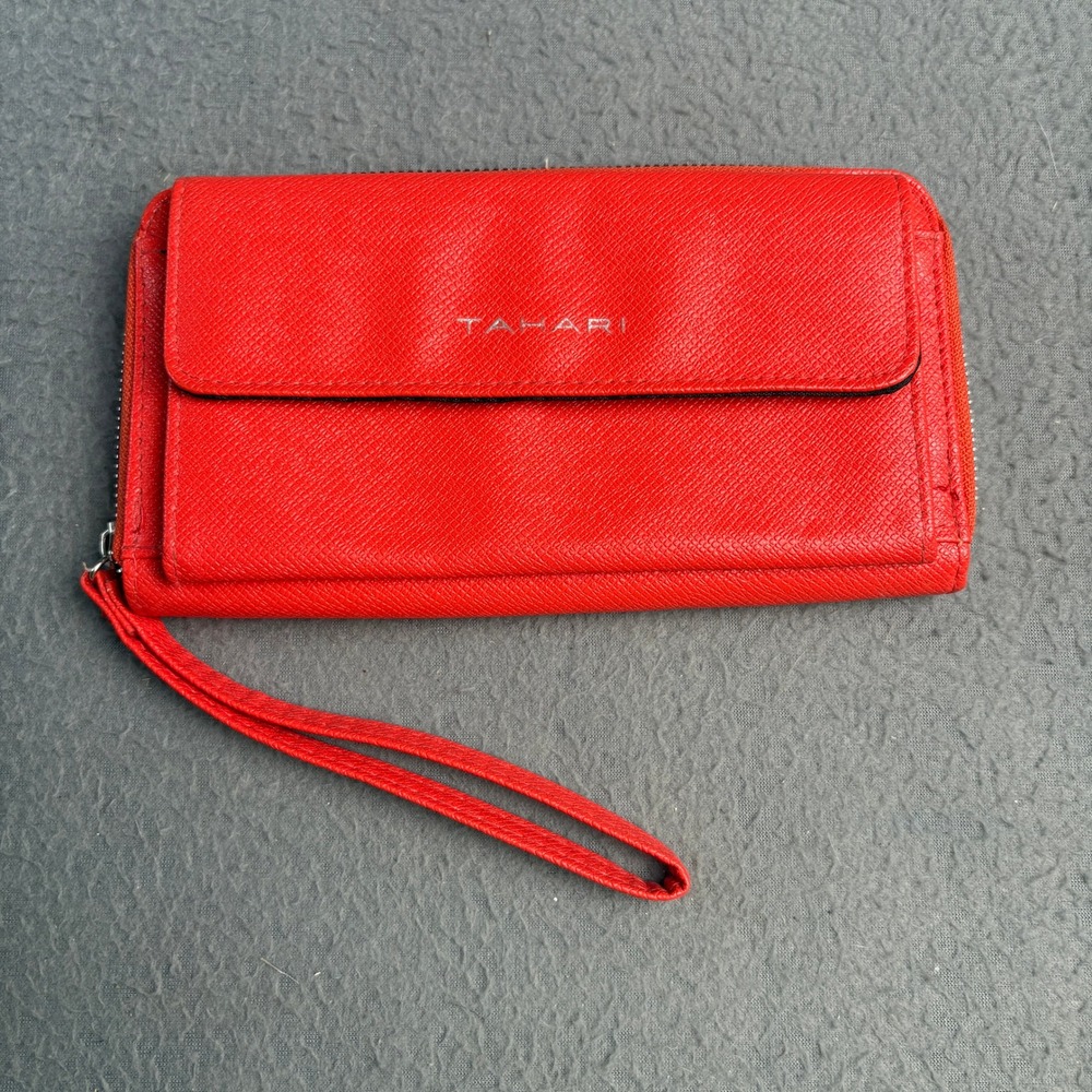 Tahari Red Saffiano Textured Zip Around Wristlet Wallet Clutch Silver Hardware